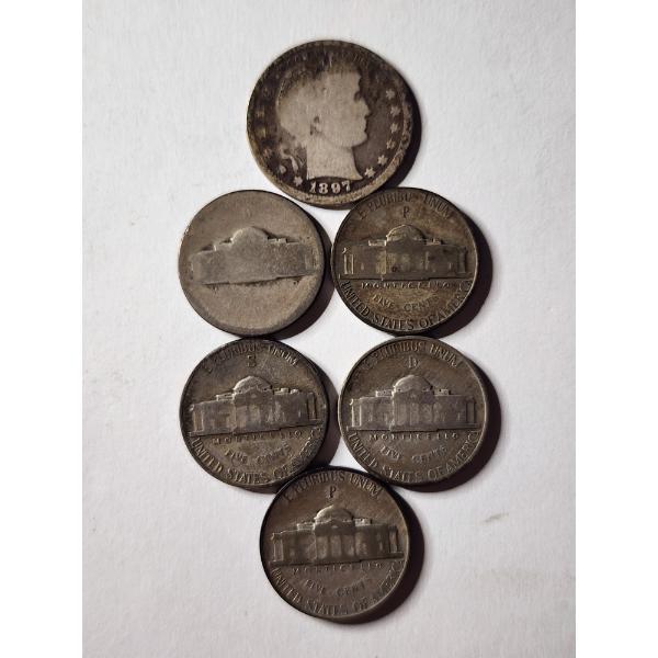 1897 United States Silver Barber Quarter Dollar With 5 Silver Wartime Nickels 