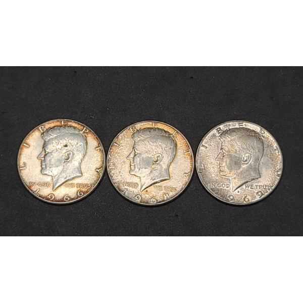 1966, 1968-D & 1969-D 40% Silver Kennedy Half Dollars -Face Value: $1.50