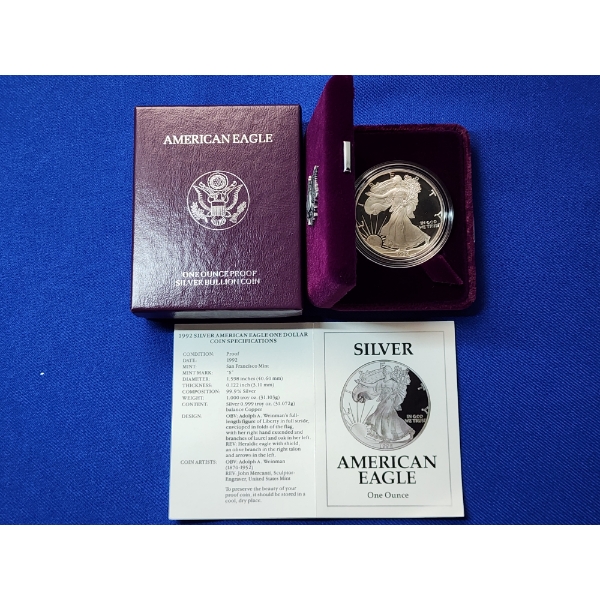 1992-S Silver American Eagle $1 Proof - 1 Troy Ounce 99.9% Silver w/ Original Box & COA