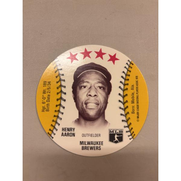 1976 Isaly's Baseball Disc - Henry Aaron Milwaukee Brewers - Mint Condition