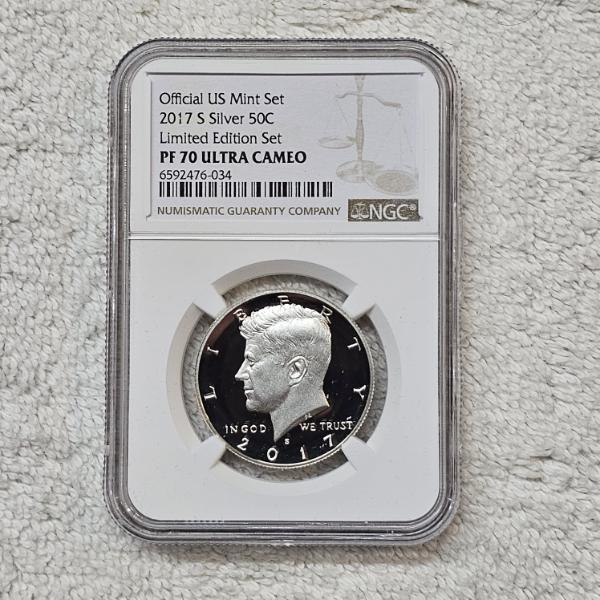 2017-S 90% Silver Kennedy Half Dollar from the US Mint graded PF 70 Ultra Cameo by the NGC