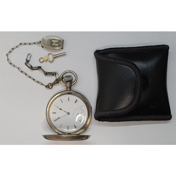 Silver Locle Swiss Pocket Watch With Hunter Case, Chain, Money Clip & Key - Weight: 117.7g