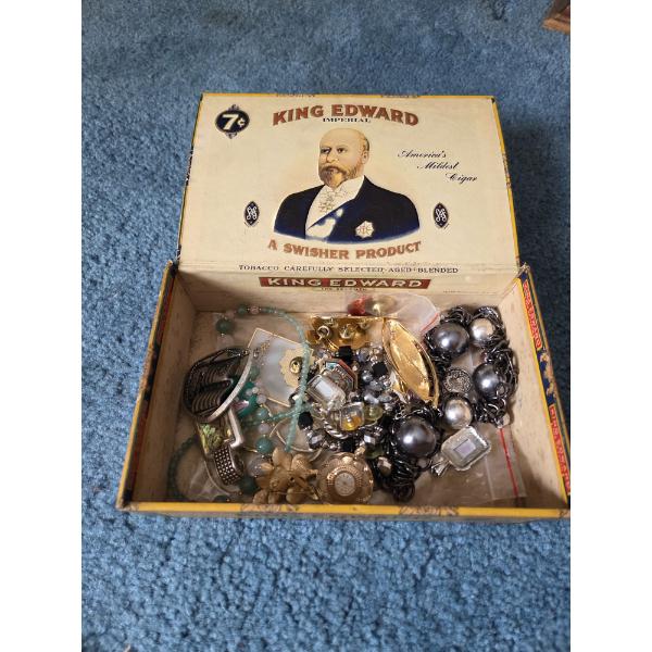 PICKUP IN CANTON - Vintage Cigar Box With Great Costume Jewelry Collection  