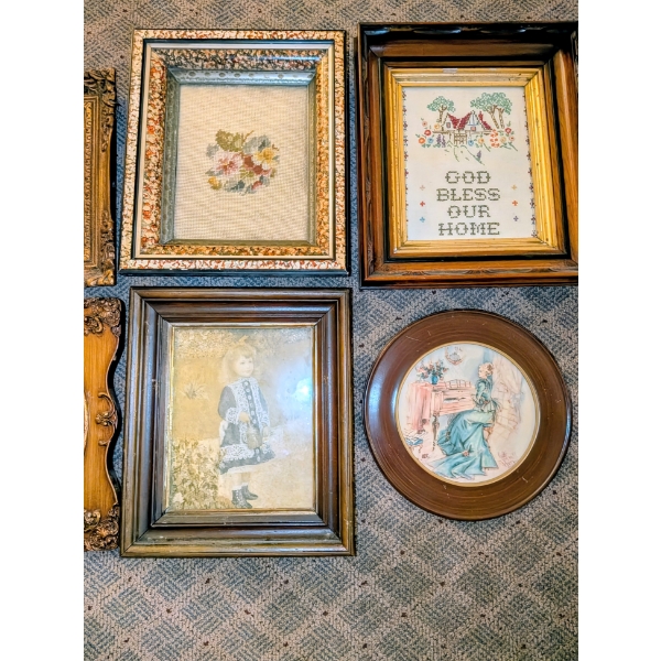 Antique Pictures Including Two Needlepoint, With Gorgeous Frames