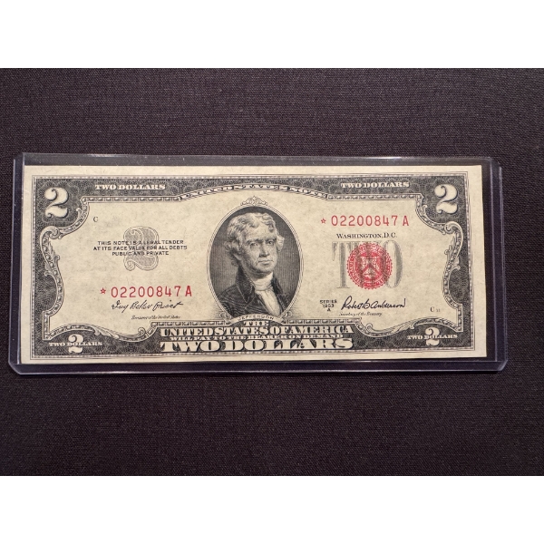 1953 United States $2.00 Bill **Red Seal** - Low Serial Number - Exceptional Condition