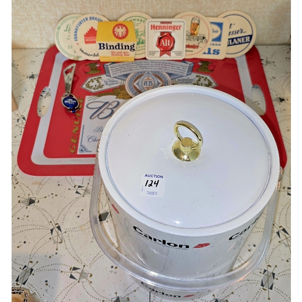 Budweiser Tray with Assorted Beer Coasters, Corona Bottle Opener and Ice Bucket