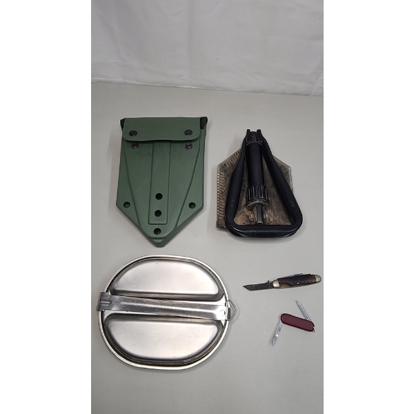 Military Entrenching Tool, Mess Kit & Folding Pocket Knives