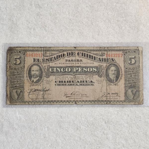 1915 Mexican Revolutionary 5 Pesos Banknote