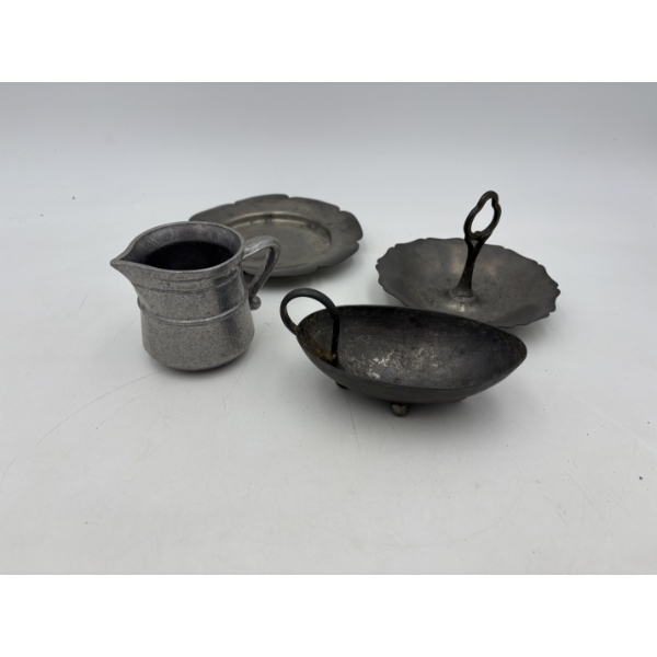 Pewter Tableware - 4 Total Pieces - Scalloped Edge Plate - Pitcher - Trinket Dish - Tidbit Dish