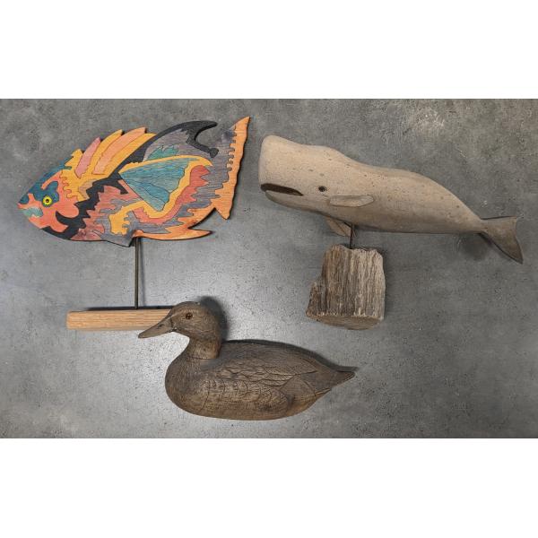 Beautiful Hand Carved Wood Duck, Whale & Fish