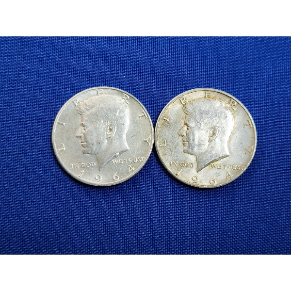 x2 1964 Kennedy Half Dollars - 90% Silver - Face Value: $1.00