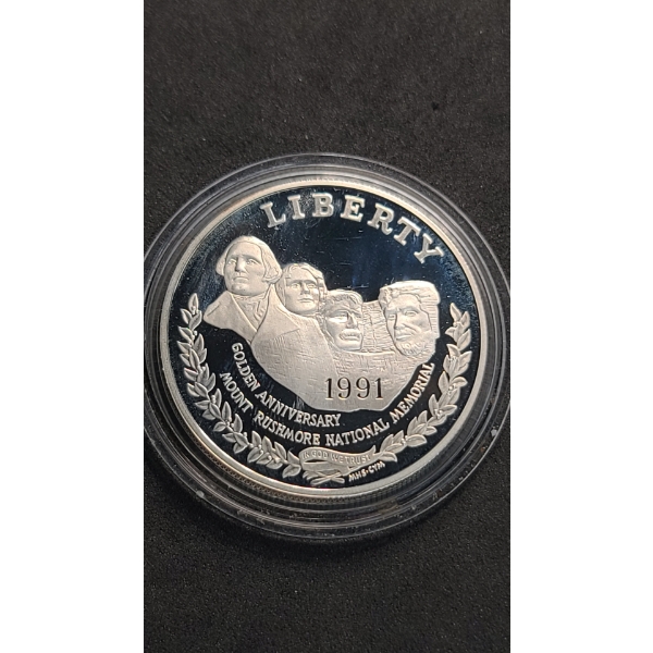1991-S Danbury Mint Mt. Rushmore Golden Anniversary 90% Fine Silver Commemorative Proof Dollar 