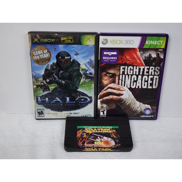 Three Assorted Vintage Video Games Ft. SEGA Star Trek, XBOX Halo & XBOX 360 Fighters Uncaged