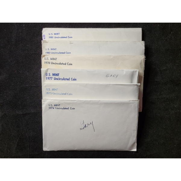 Six Assorted United States Mint Uncirculated Coin Sets - 1974, 1975, 1977, 1978, 1980 & 1981