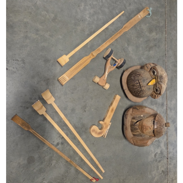 Fun Group Including Rubber Band Car & Gun, Coconut Carved Animals And Wood Back Scratchers 