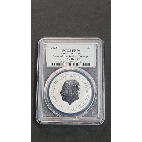 2025 PCGS PR70 $1 Ascension Island Year Of The Snake - Orange 1 oz Silver Reverse Proof Coin 