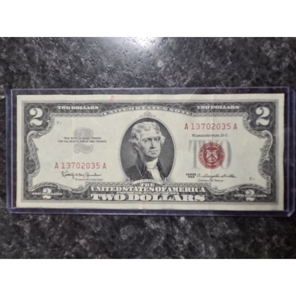 1963 Red Seal US Two Dollar Bill In Great Condition In Plastic Protective Holder