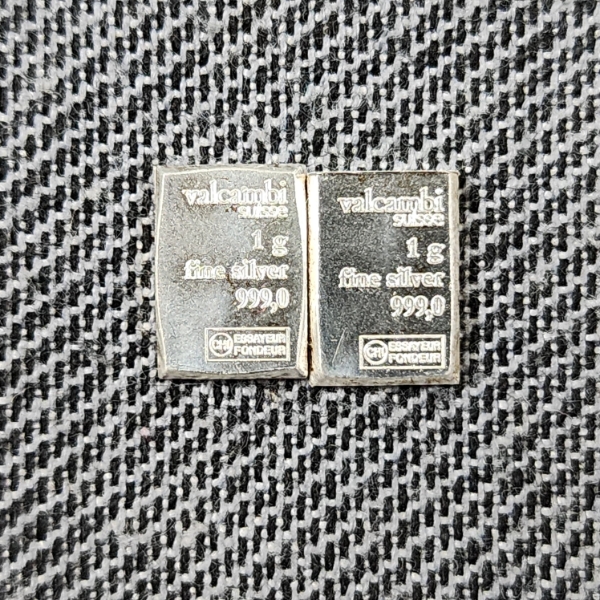 Two Valcambi Fine Silver 999.0 Bars Weighing 1 Gram Each ~ 2 TOTAL GRAMS .999 FINE SILVER