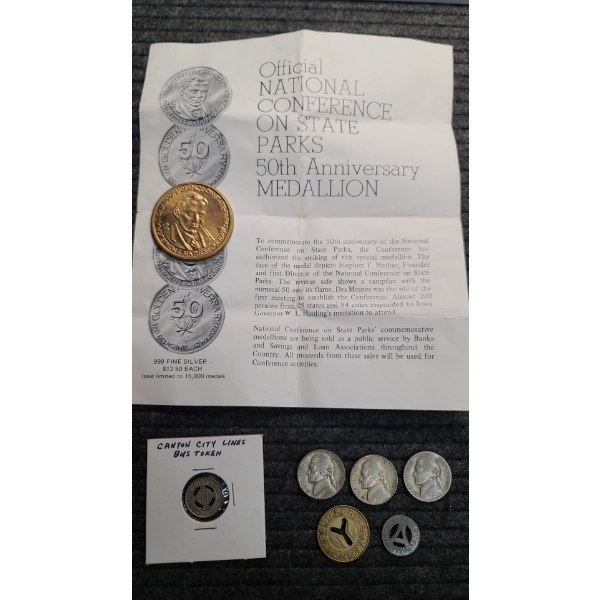 (3) 1943 35% Silver War Nickels (3) Bus Tokens & National State Parks Stephen. T Mather Bronze Medal