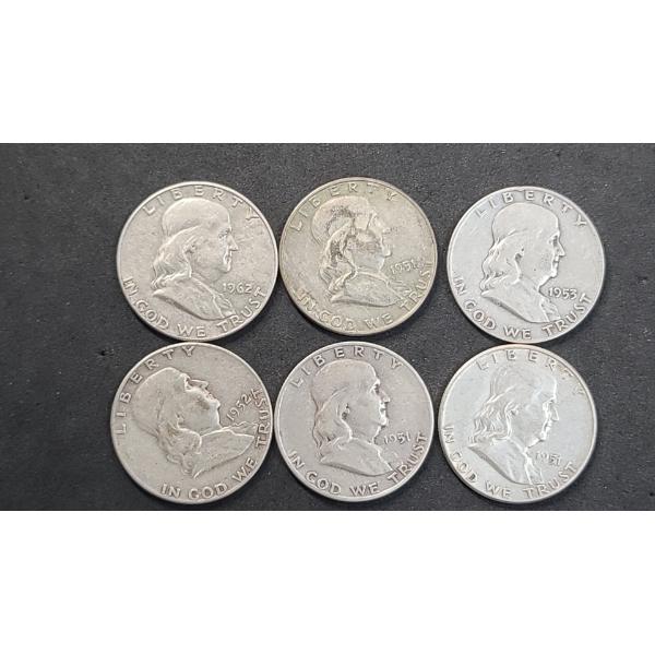 (6) Assorted Years/Mint Marks United States 90% Silver Franklin Half Dollars - Face Value: $3.00