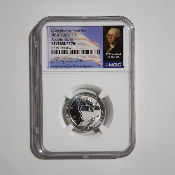 NGC Reverse Proof 70 Graded 2018-S United States Silver Apostle Islands 90% Quarter With Facsimile 