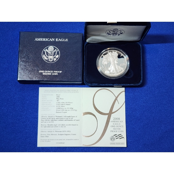 2008-W Silver American Eagle Proof $1 - 1 Troy oz .999 Fine Silver w/ Box & CoA