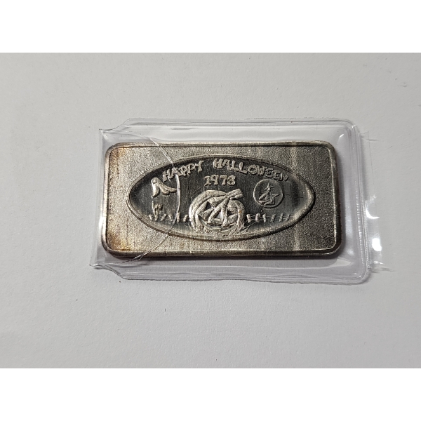 Rare "Happy Halloween 1973" One Ounce .999 Fine Silver Art Bar - Great Lakes Mint