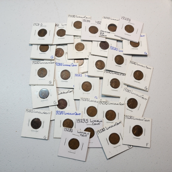 Lot of 30, Mainly 1928-S, Lincoln Wheat Cents, Including Die Crack - Face Value $0.30