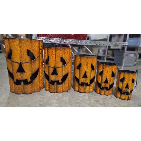 Brand New! Set Of (5) Festive Galvanized Jack O Lantern Buckets 9'', 11'', 13'', 15'', & 17'' 