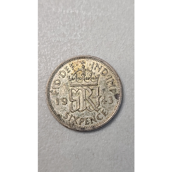 1943 Great Britain 0.5000 Silver King George VI Six Pence Coin - ASW: 0.0455oz