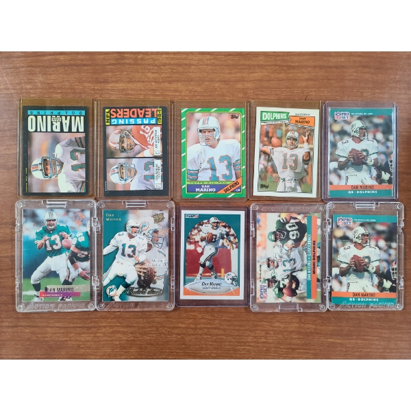 Lot of 10 Assorted Dan Marino Trading Cards Including Topps, Fleer, & NFL Pro Set