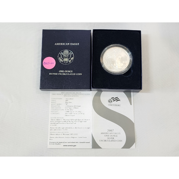 2007-W American Silver Eagle Uncirculated $1 Coin 1 oz .999 Fine Silver w/ OGP Box & COA