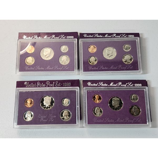 x4 United States Proof Sets: 1993, 1991, 1986, 1990 In Original Packaging 