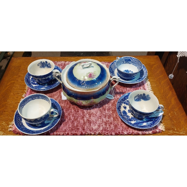 4 Sets +  Flo Blu - Blue Willow Tea Cups /  Saucers Plus Covered Small Bowl
