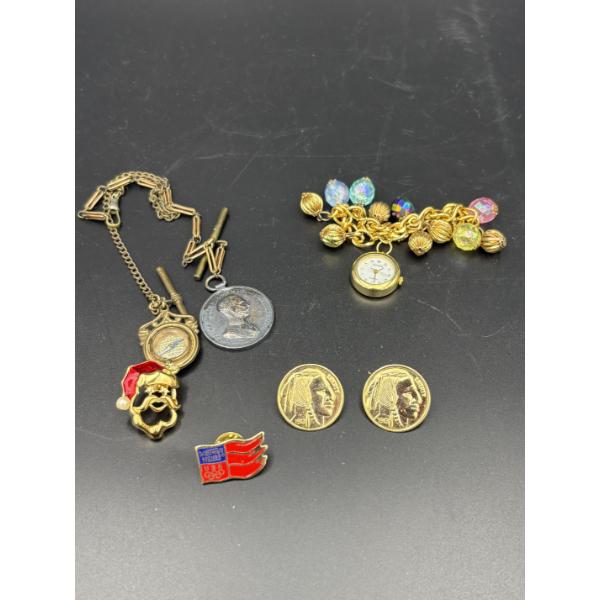 Assorted Costume Jewelry - Pocket Watch with Coin attached - Beaded Watch Bracelet - 2 Indian Head