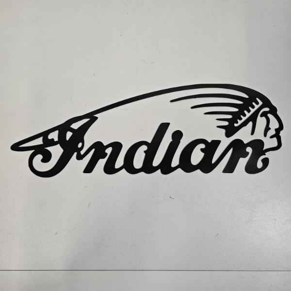 Indian Motorcycle Script Headdress Laser Cut Black Stainless Steel Metal Wall Art Sign, 20"x8"