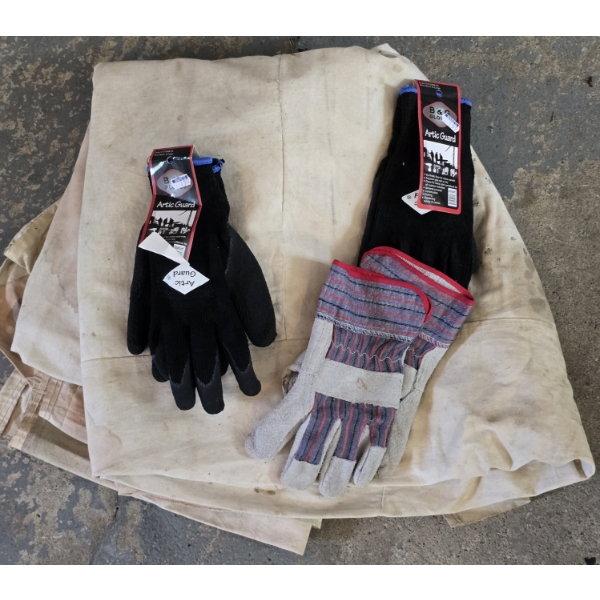 Large Tarp (exact Size Unknown) and 3 Pairs of Work Gloves Size XL