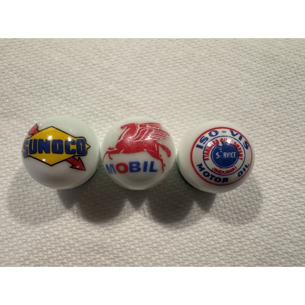 	3 - Vintage Gas & Oil Advertising One Inch Shooter Marbles - Sunoco, Mobil & Standard Oil - Mint Co