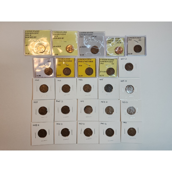 x25 Assorted Years Wheat Cents Including GEM RED BU, CH BU, VF