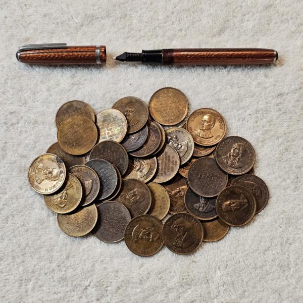 Vintage Solid Bronze U.S. Presidential Tokens with Esterbrook Iridium-Tipped Fountain Pen