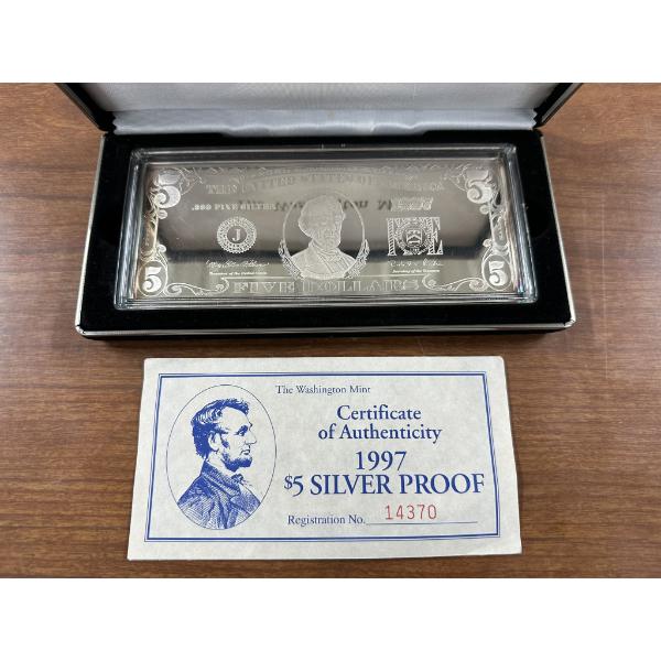 Four Troy oz .999 Silver 1997 $5 Lincoln Quarter Pound Silver Proof Bar with COA and Case
