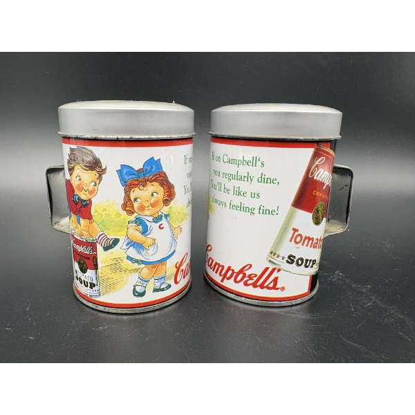 Campbell's Tomato Soup Salt & Pepper Shakers - S&P on top - 4 inches