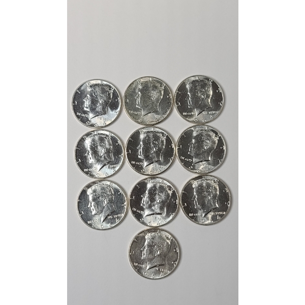 (10) Brilliant Uncirculated United States 90% Silver 1964 Kennedy Half Dollars - Face Value: $5.00