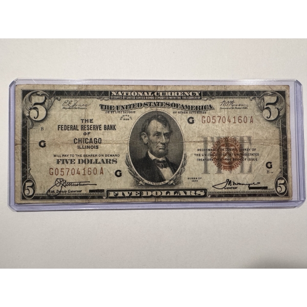 1929 Federal Reserve Bank of Chicago Lincoln $5.00 Note In Protective Holder - Exceptional Bill