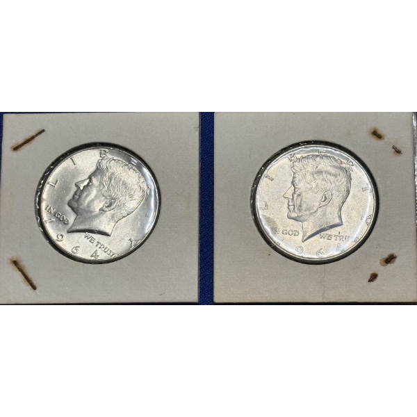 Lot of 2 90% Silver 1964 Kennedy Half-Dollars, FV $1.00