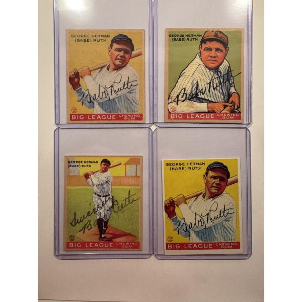 4 - BABE RUTH Goudey Gum Throwback Baseball Cards In Protective Holders - Mint Condition