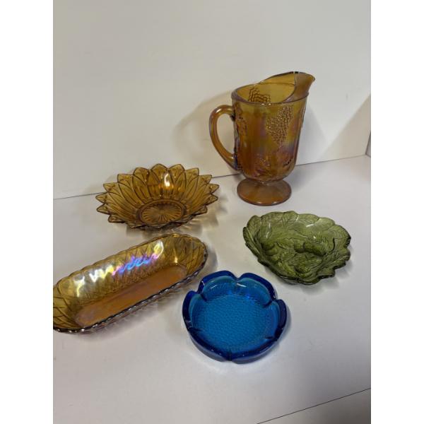 5 Pieces of Glassware - Pitcher - Leaf Bowl - Flared Glass Bowl - Ashtray - Butter Dish
