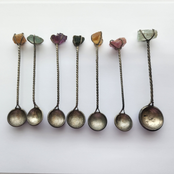 Lot of 7 Vintage Assorted Silver Coin Spoons with Assorted Geodes - AT LEAST 80% Silver TW: 114.4g