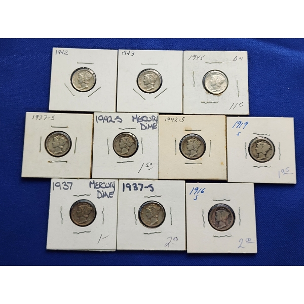 x10 Assorted Years 90% Silver Mercury Dimes FV: $1.00