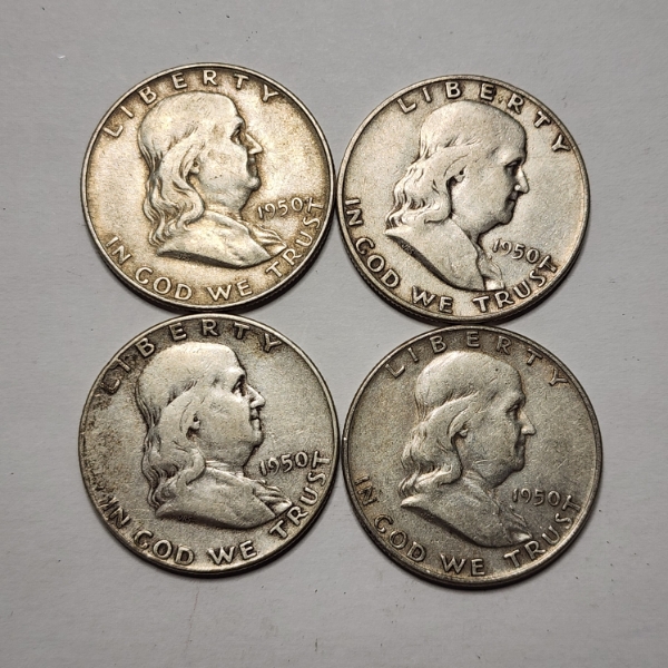 Four United States 90% Silver 1950 Franklin Half Dollars - FV: $2.00